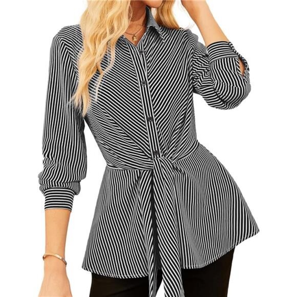 Peplum Tops Tie Front Striped Blouse Black - Picture 1 of 6